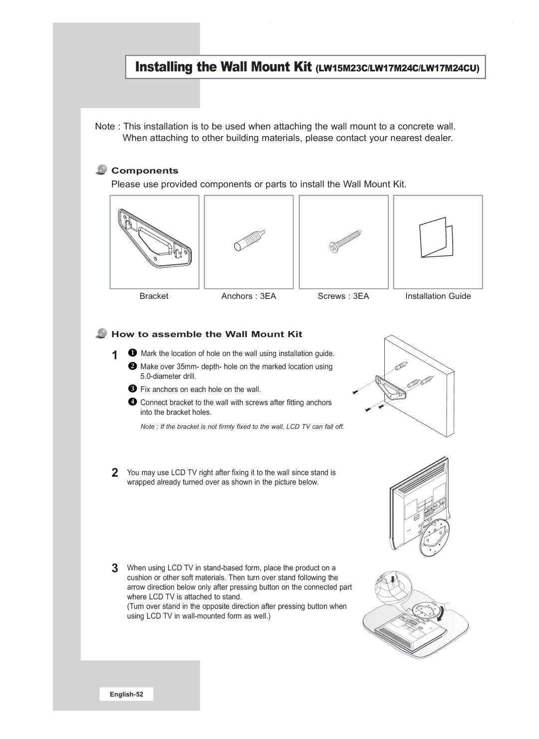 Samsung manual Installing the Wall Mount Kit LW15M23C/LW17M24C/LW17M24CU, Components, How to assemble the Wall Mount Kit 