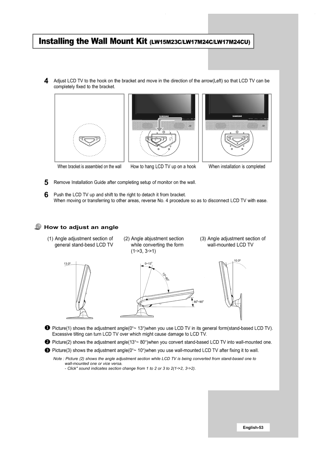 Samsung LW20M22C, LW20M21C, LW17M24CU manual How to adjust an angle 