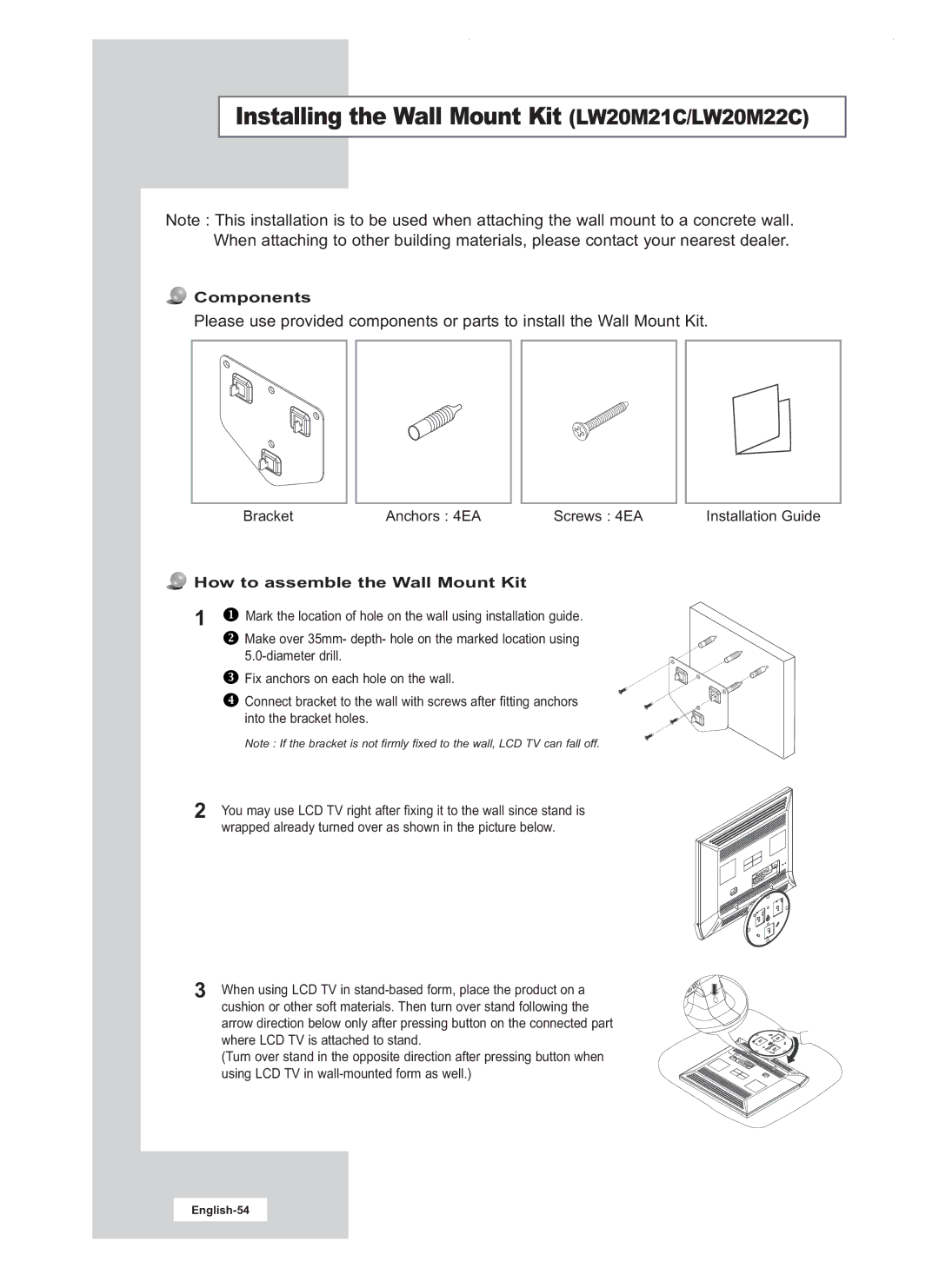 Samsung LW17M24CU manual Installing the Wall Mount Kit LW20M21C/LW20M22C 