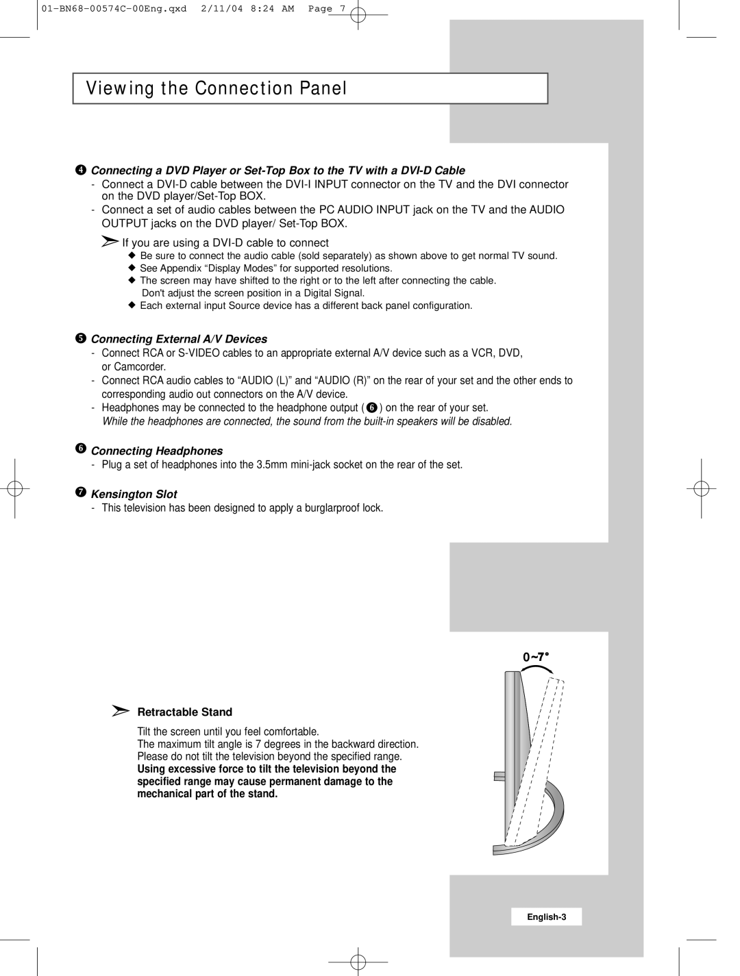 Samsung LW22A13W manual Connecting External A/V Devices, Connecting Headphones, Kensington Slot 