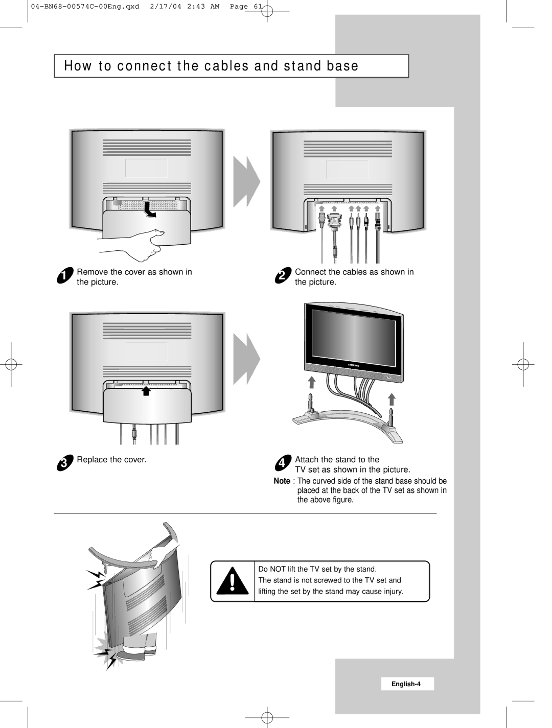 Samsung LW22A13W manual How to connect the cables and stand base, Picture Replace the cover Attach the stand to 