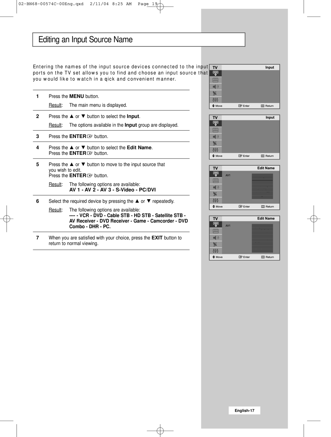 Samsung LW22N23N manual Editing an Input Source Name, AV 1 AV 2 AV 3 S-Video PC/DVI 