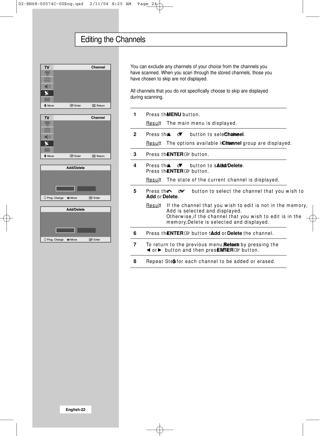 Samsung LW22N23N manual Editing the Channels 