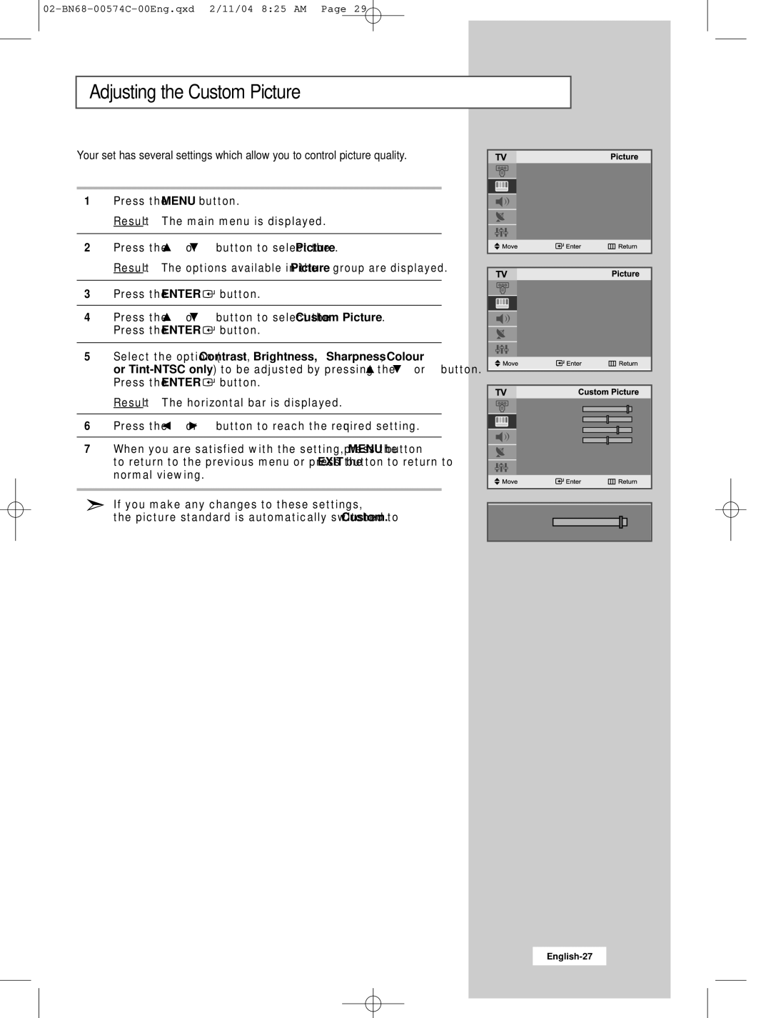 Samsung LW22N23N manual Adjusting the Custom Picture 