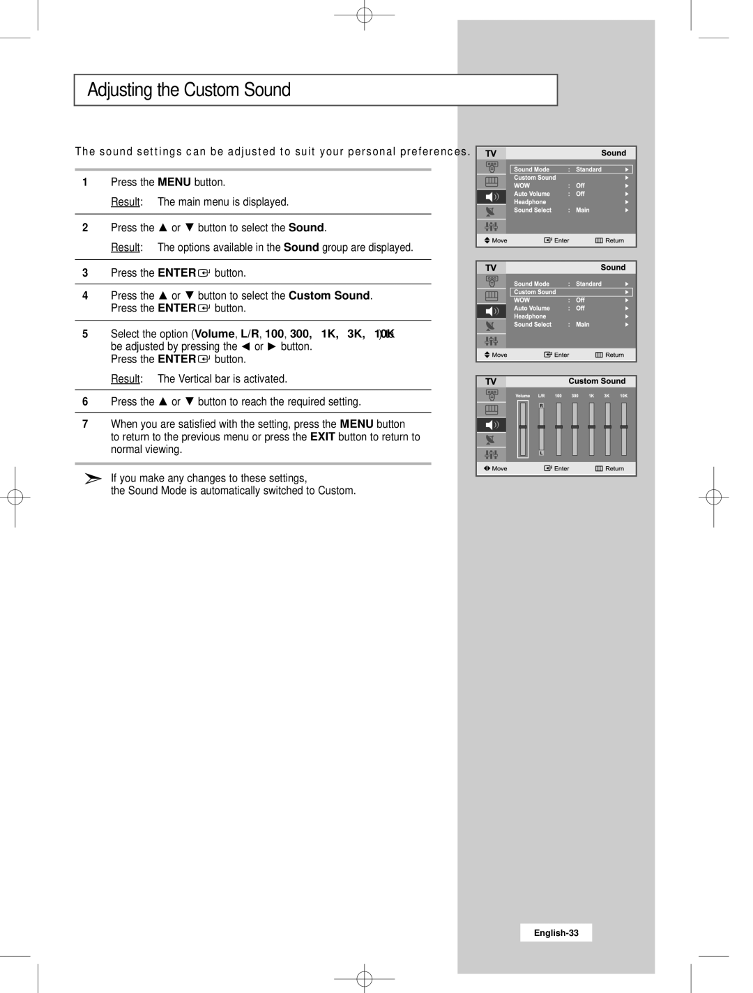 Samsung LW22N23N manual Adjusting the Custom Sound 