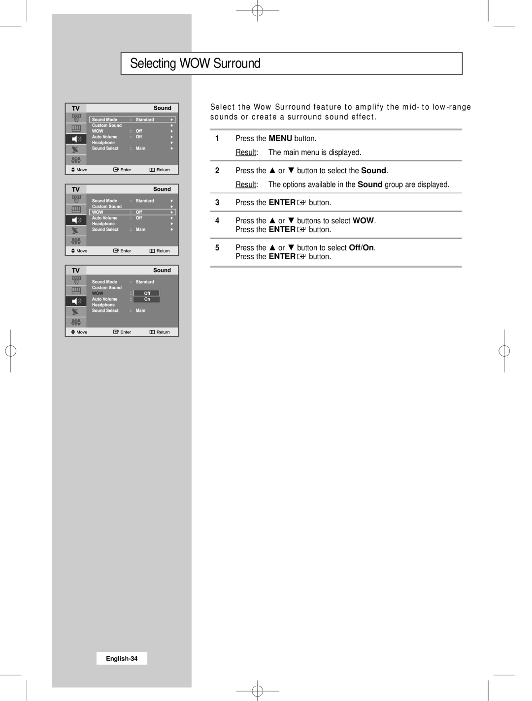 Samsung LW22N23N manual Selecting WOW Surround 