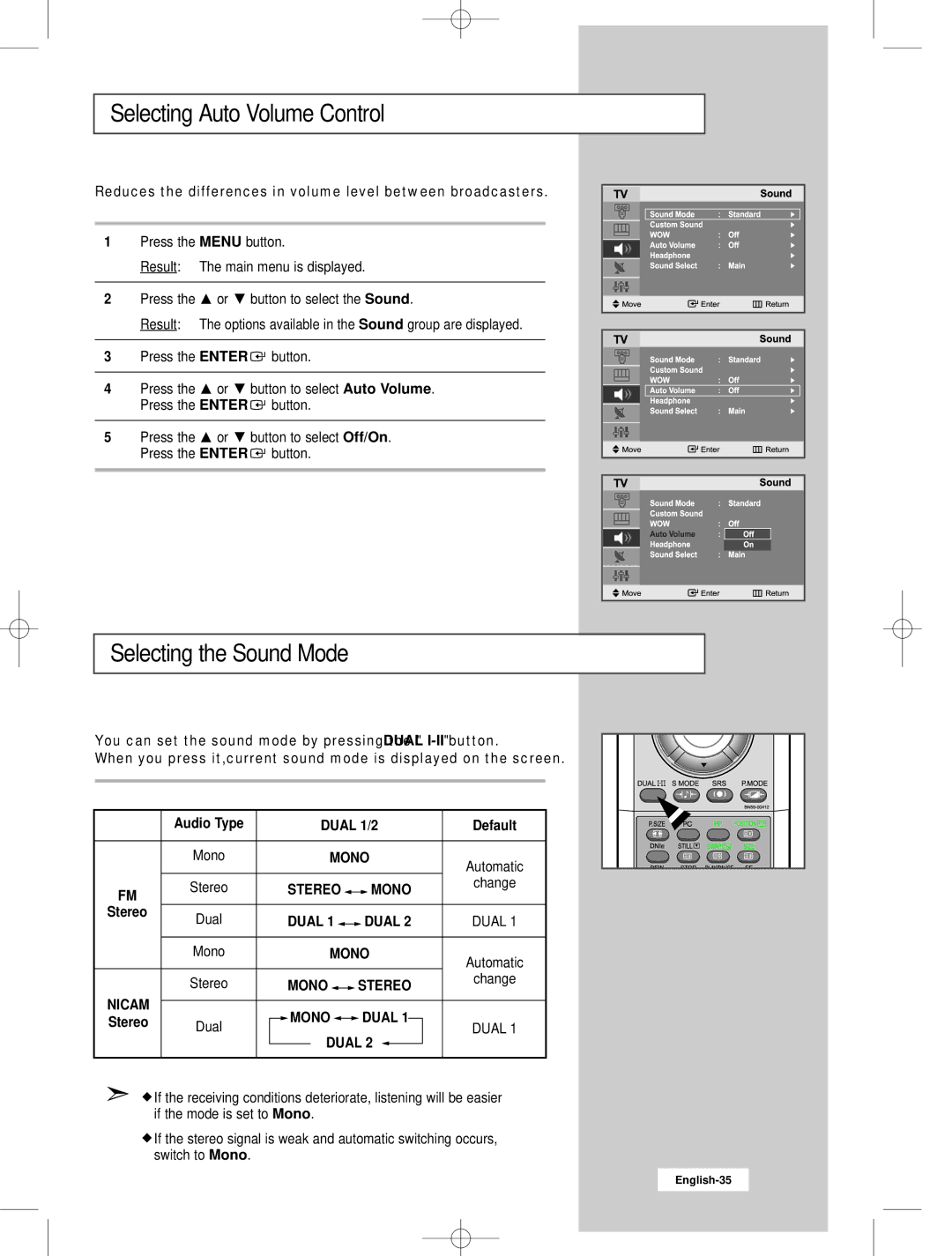 Samsung LW22N23N Selecting Auto Volume Control, Selecting the Sound Mode, Audio Type Dual 1/2 Default, Change, Stereo 