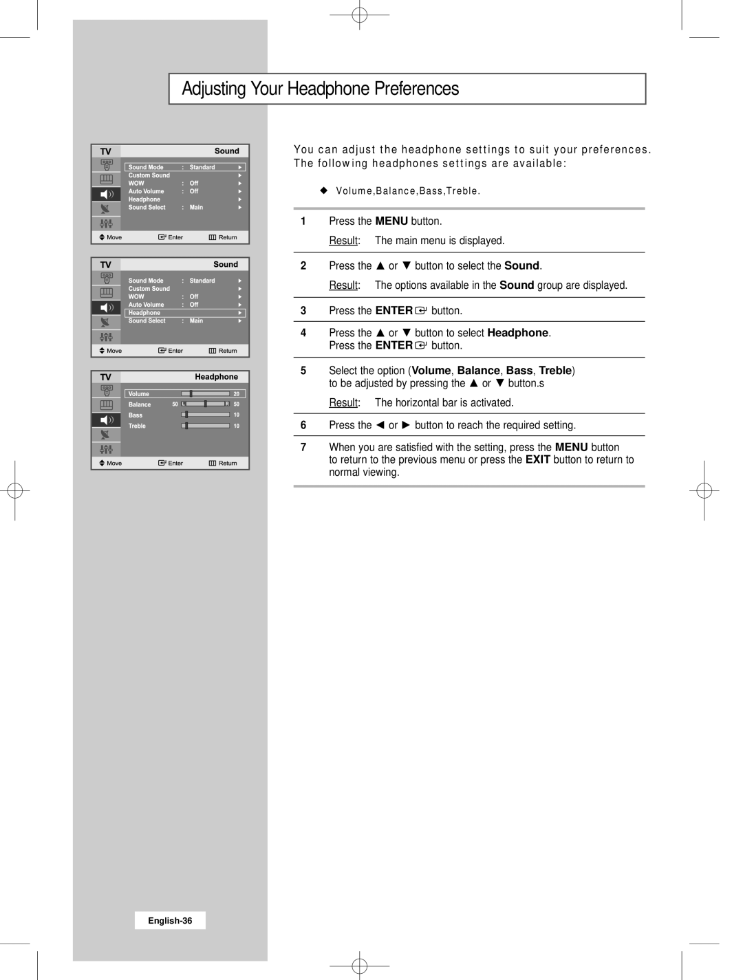 Samsung LW22N23N manual Adjusting Your Headphone Preferences 