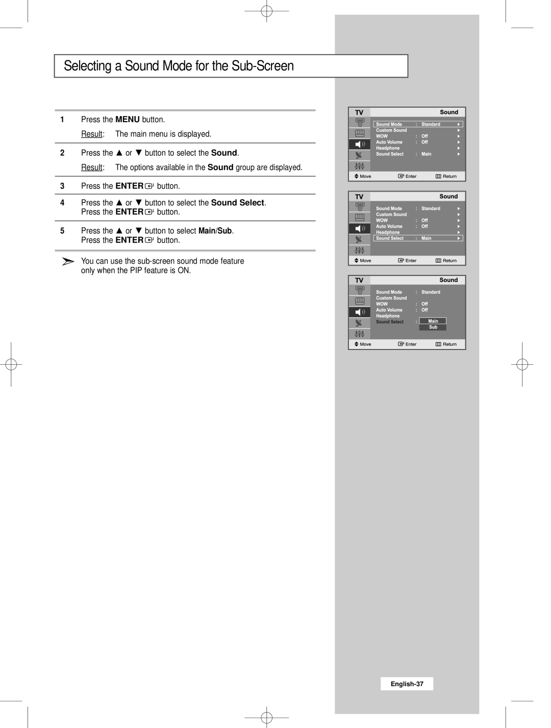 Samsung LW22N23N manual Selecting a Sound Mode for the Sub-Screen 