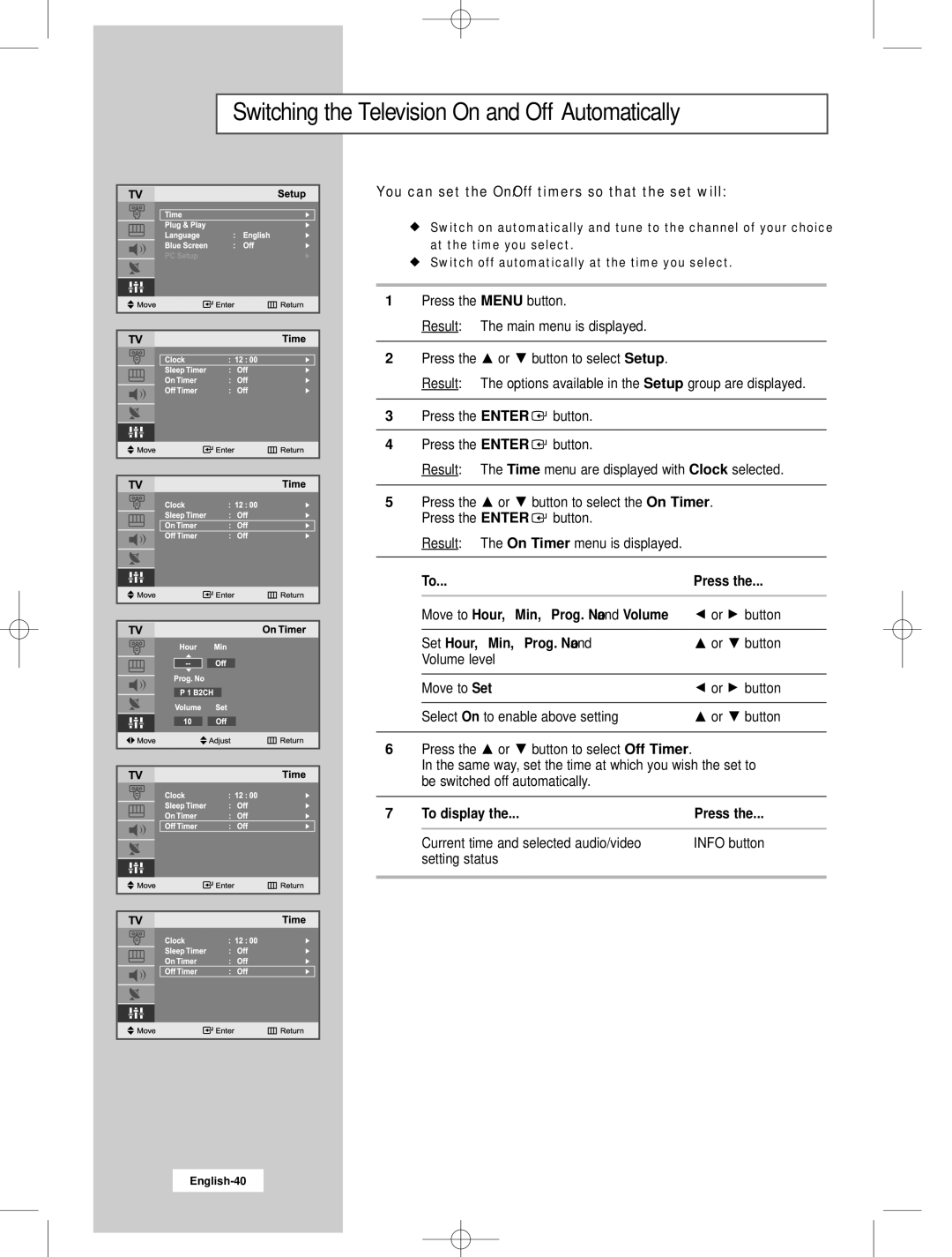 Samsung LW22N23N Switching the Television On and Off Automatically, You can set the On/Off timers so that the set will 