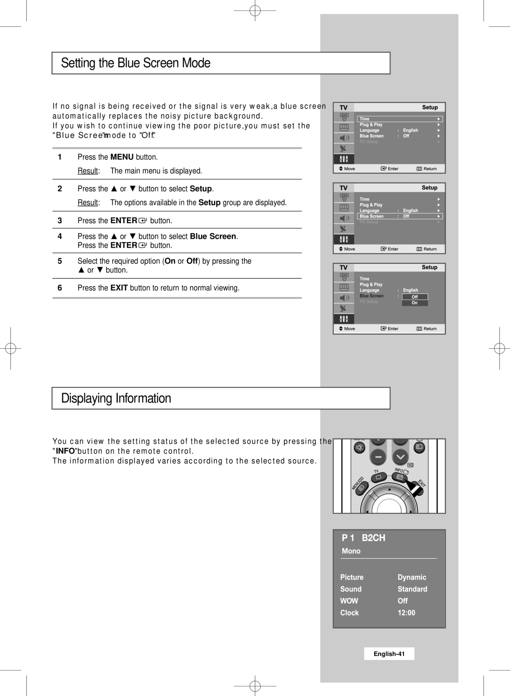 Samsung LW22N23N manual Setting the Blue Screen Mode, Displaying Information 