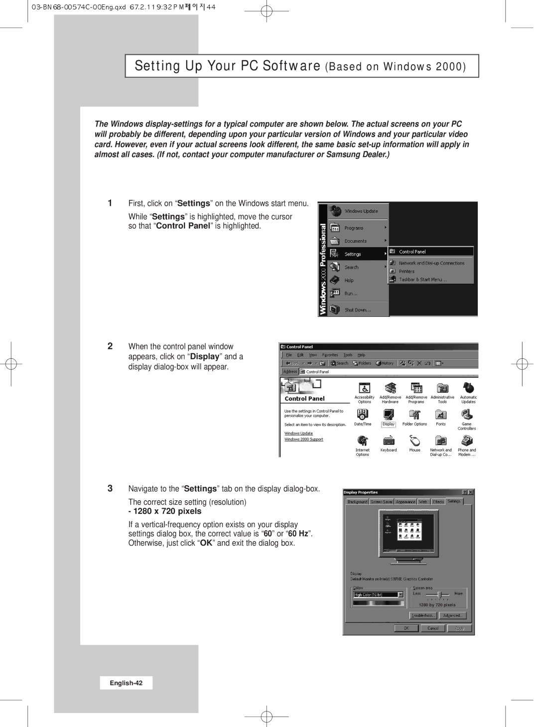 Samsung LW22N23N manual Setting Up Your PC Software Based on Windows, 1280 x 720 pixels 