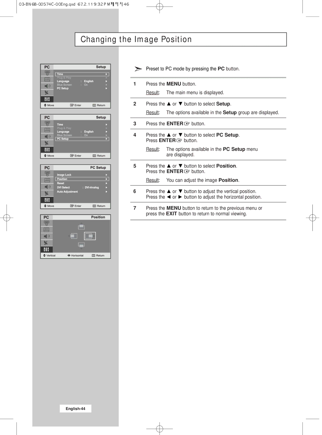 Samsung LW22N23N manual Changing the Image Position 