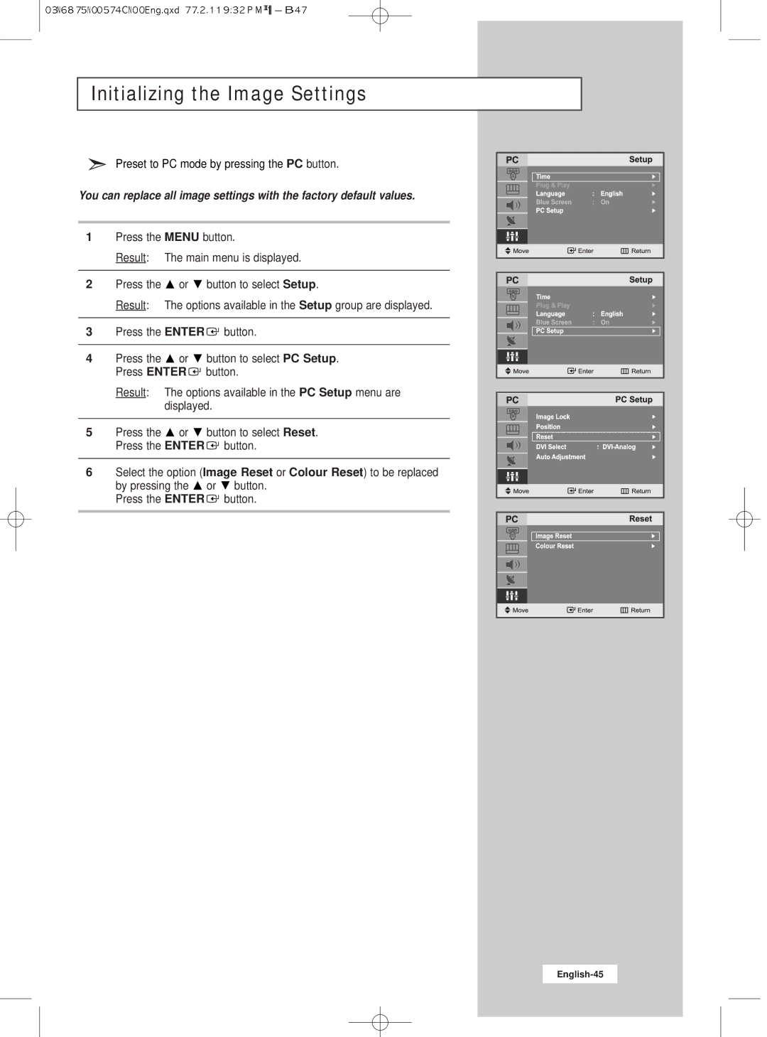 Samsung LW22N23N manual Initializing the Image Settings 