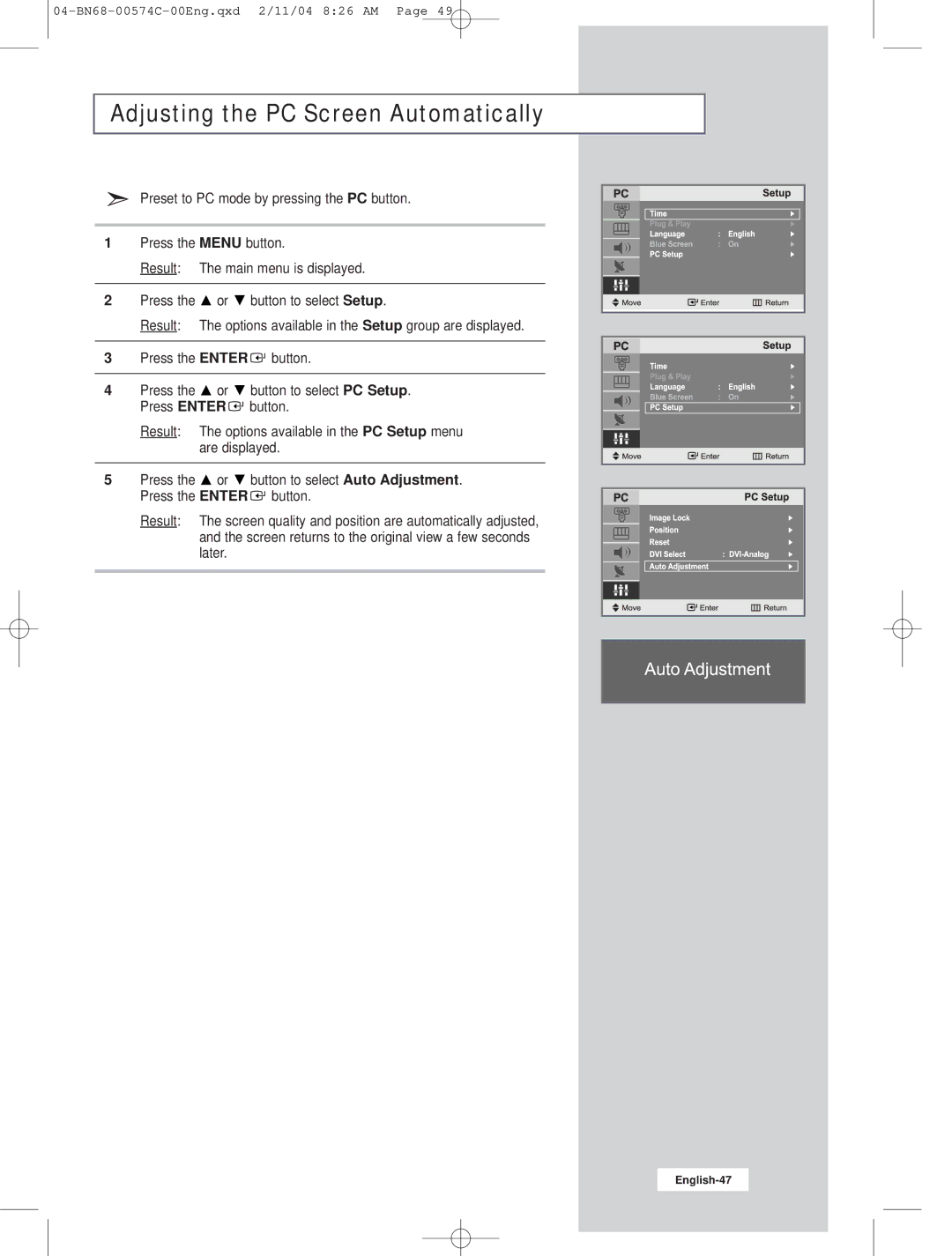 Samsung LW22N23N manual Adjusting the PC Screen Automatically 