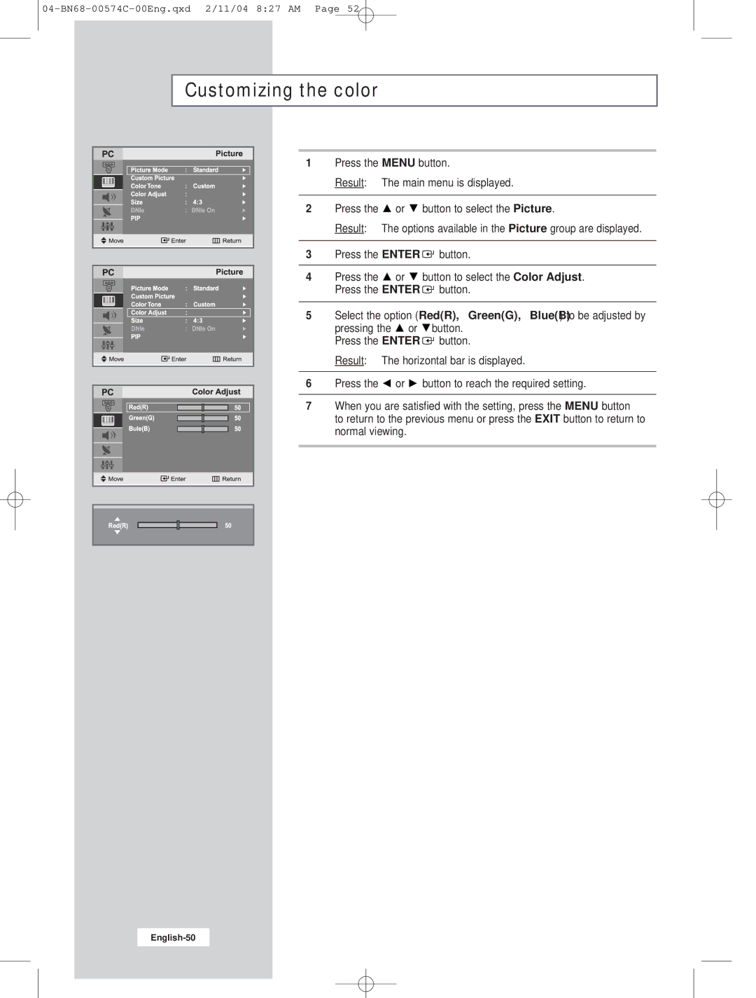 Samsung LW22N23N manual Customizing the color 