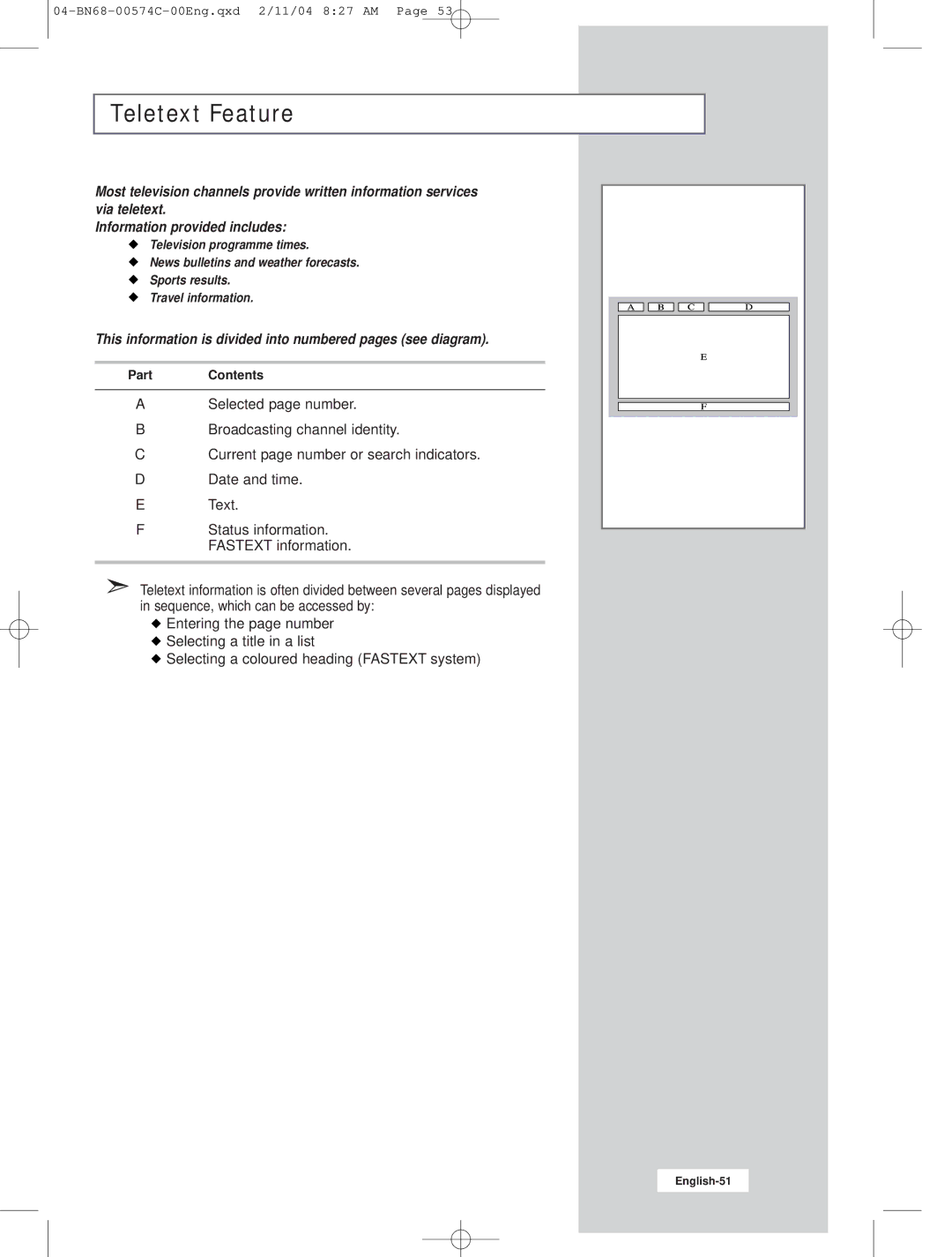 Samsung LW22N23N manual Teletext Feature, This information is divided into numbered pages see diagram 