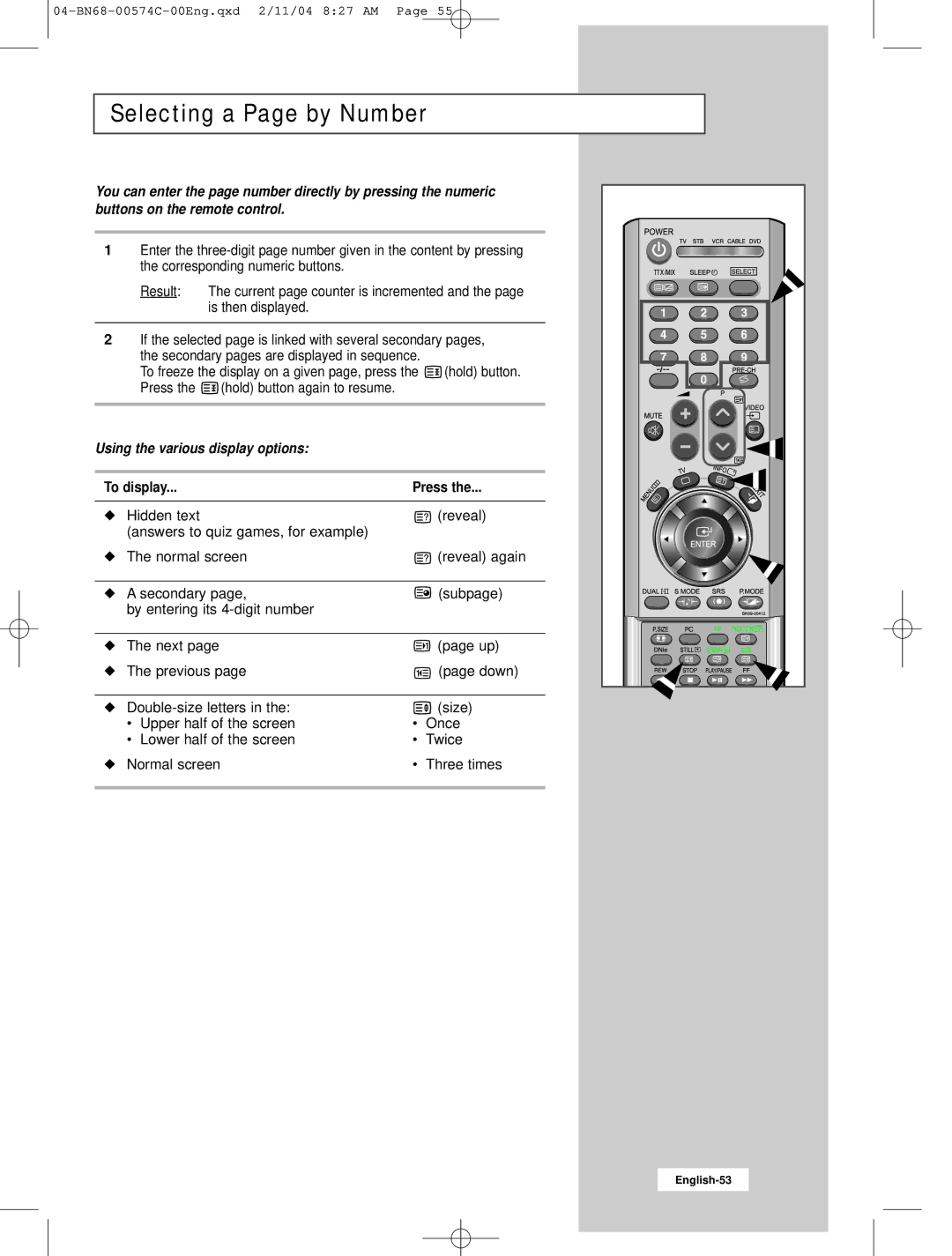 Samsung LW22N23N manual Selecting a Page by Number, Using the various display options 