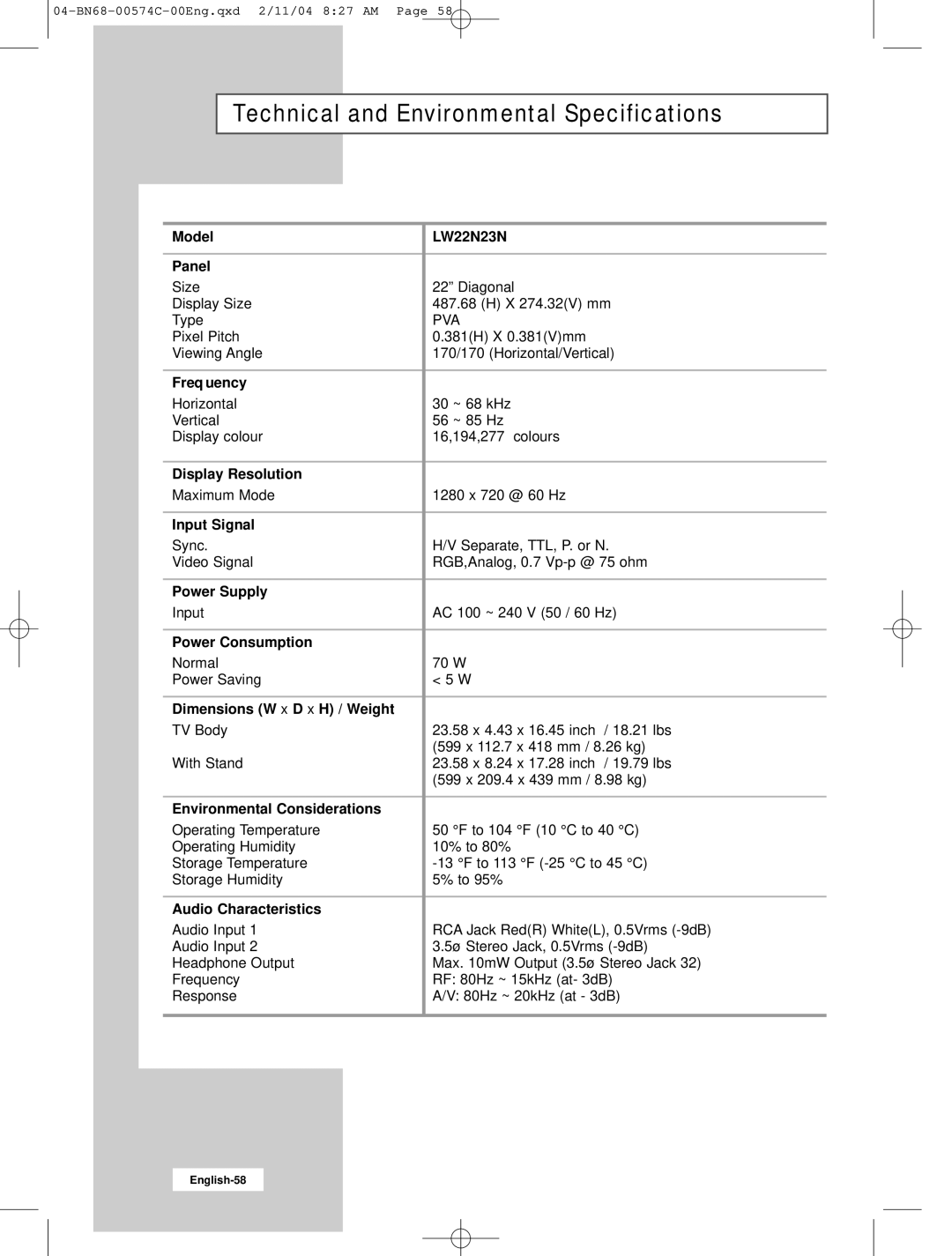 Samsung LW22N23N manual Technical and Environmental Specifications 