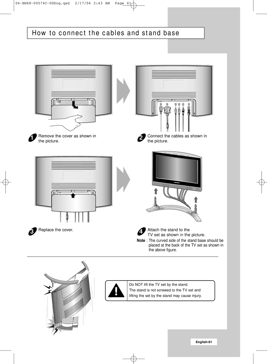 Samsung LW22N23N manual How to connect the cables and stand base, Picture Replace the cover Attach the stand to 