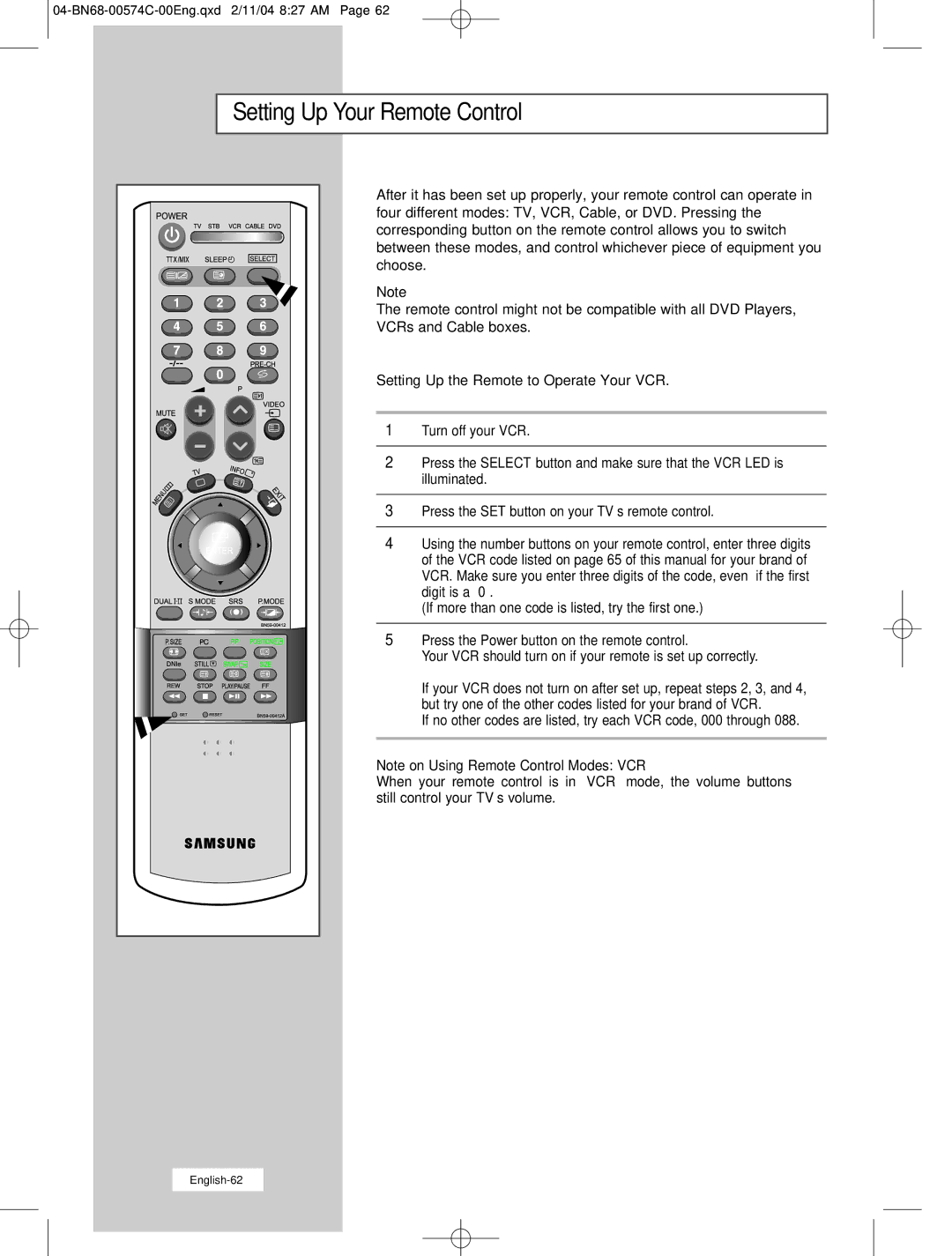 Samsung LW22N23N manual Setting Up Your Remote Control 
