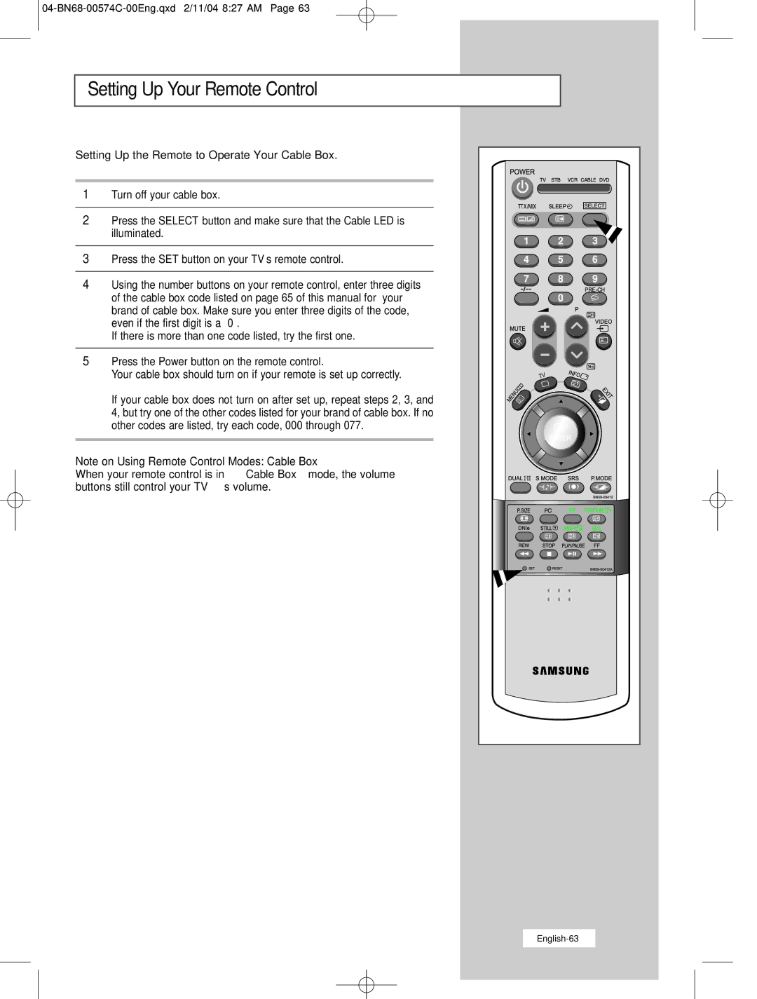 Samsung LW22N23N manual Setting Up the Remote to Operate Your Cable Box 