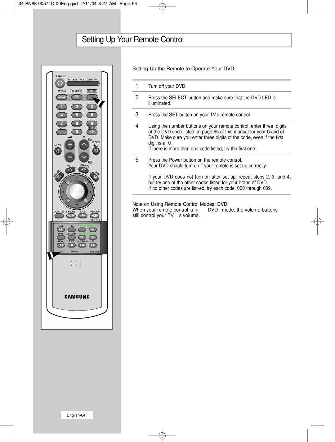 Samsung LW22N23N manual Setting Up the Remote to Operate Your DVD 