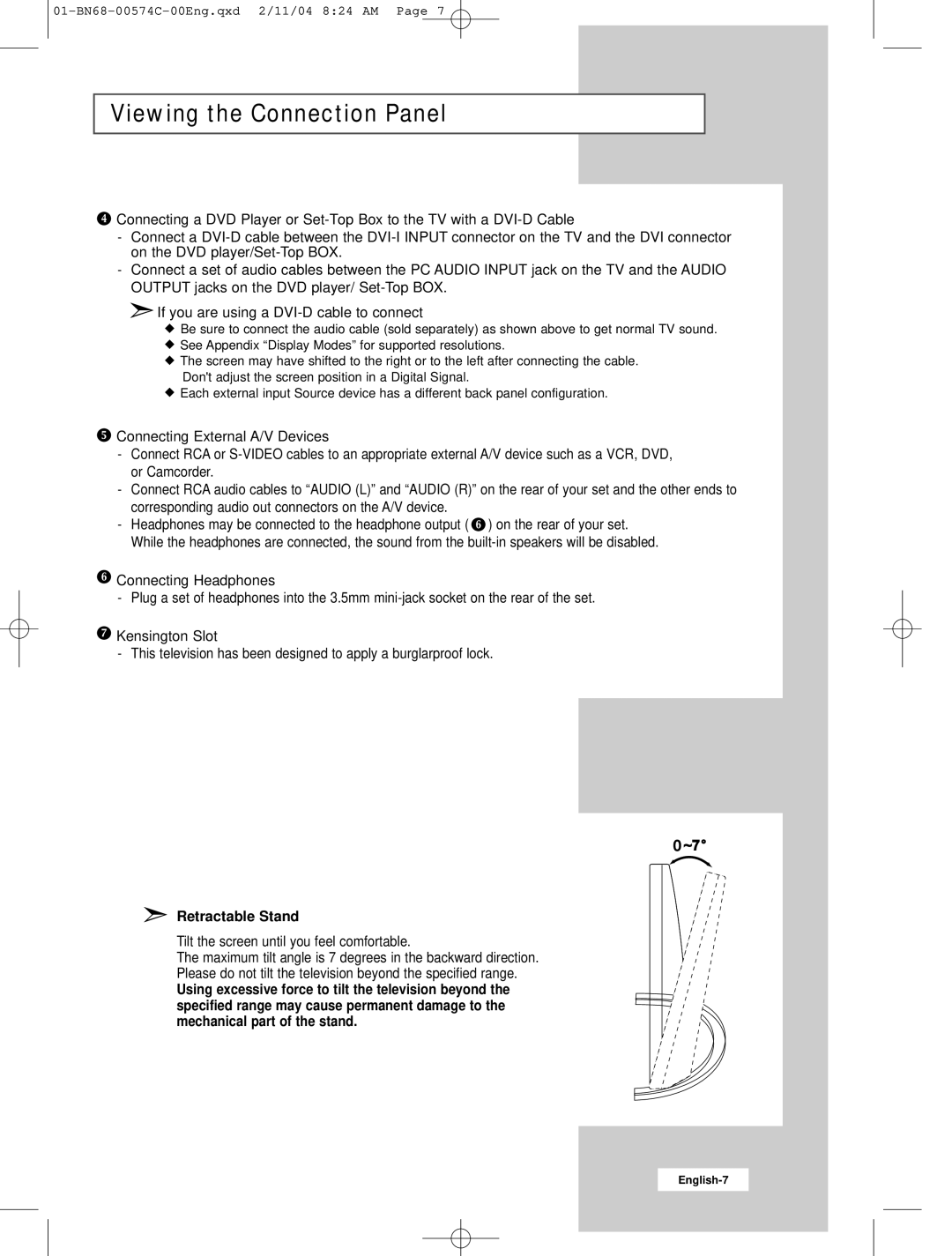 Samsung LW22N23N manual Connecting External A/V Devices, Connecting Headphones, Kensington Slot, Retractable Stand 