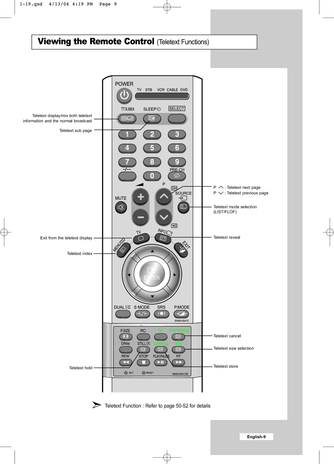 Samsung LW26A33W manual Viewing the Remote Control Teletext Functions 