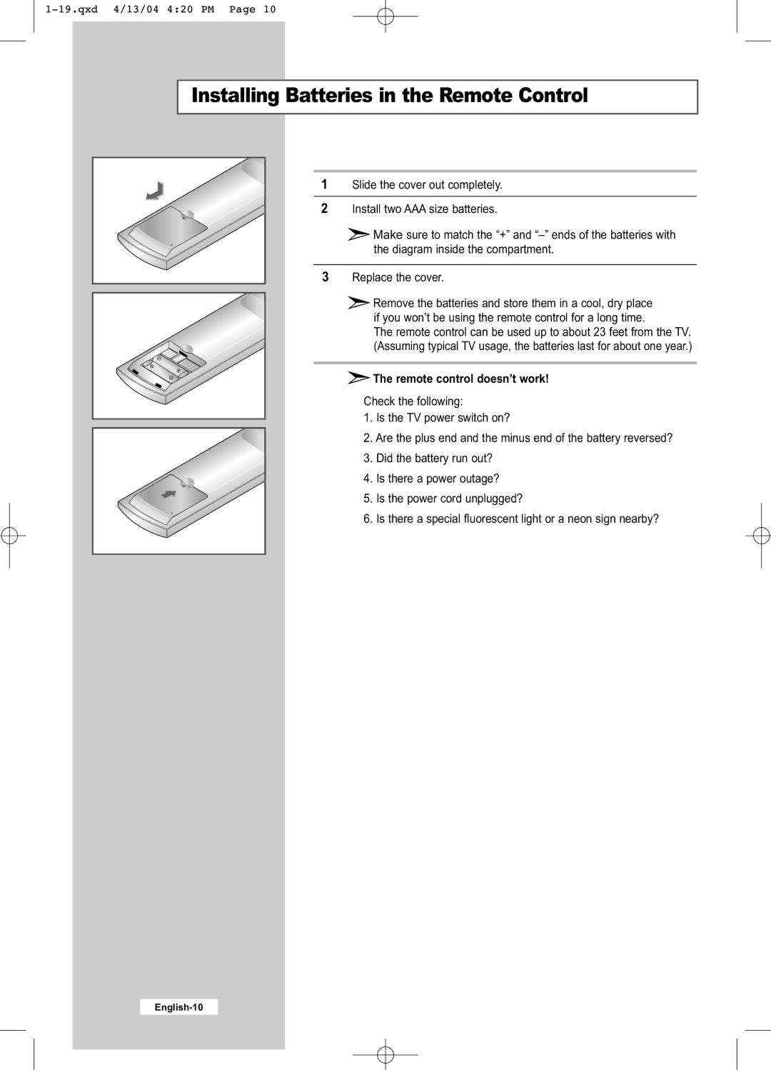 Samsung LW26A33W manual Installing Batteries in the Remote Control, Remote control doesn’t work 