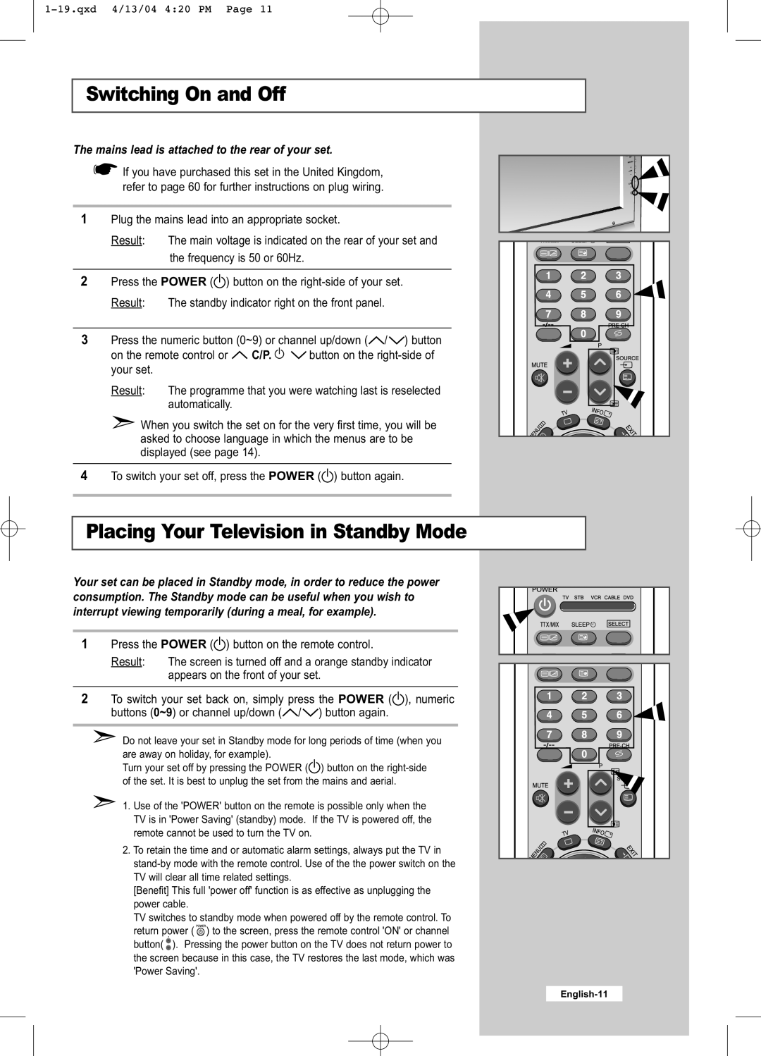 Samsung LW26A33W manual Switching On and Off, Placing Your Television in Standby Mode 