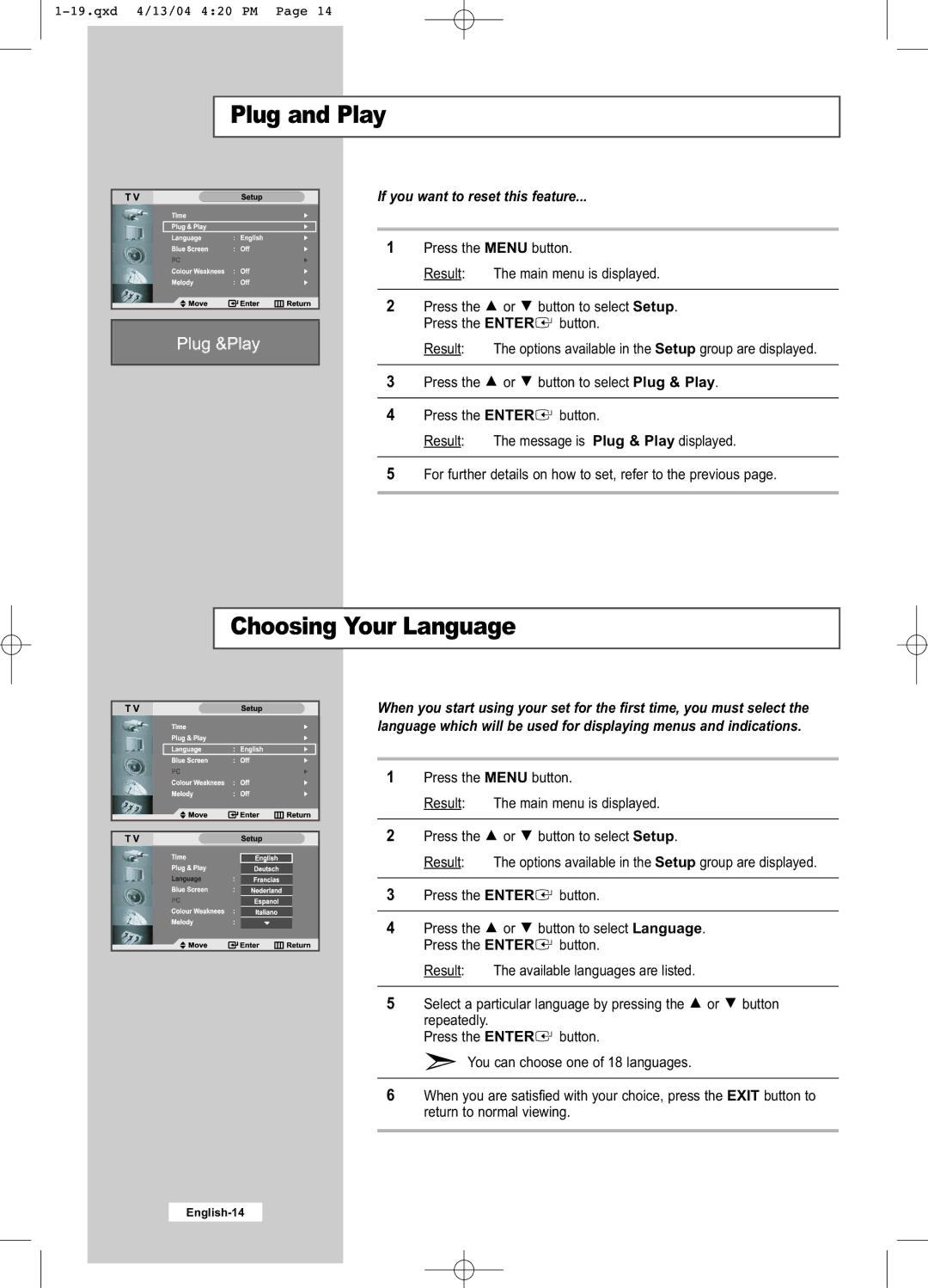 Samsung LW26A33W manual Choosing Your Language, If you want to reset this feature 