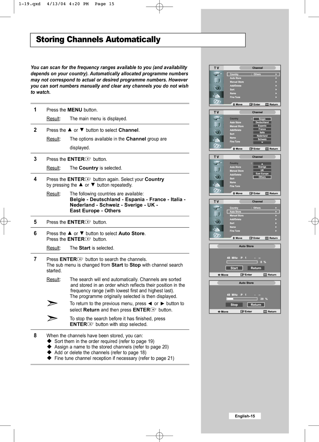 Samsung LW26A33W manual Storing Channels Automatically, Programme originally selected is then displayed 