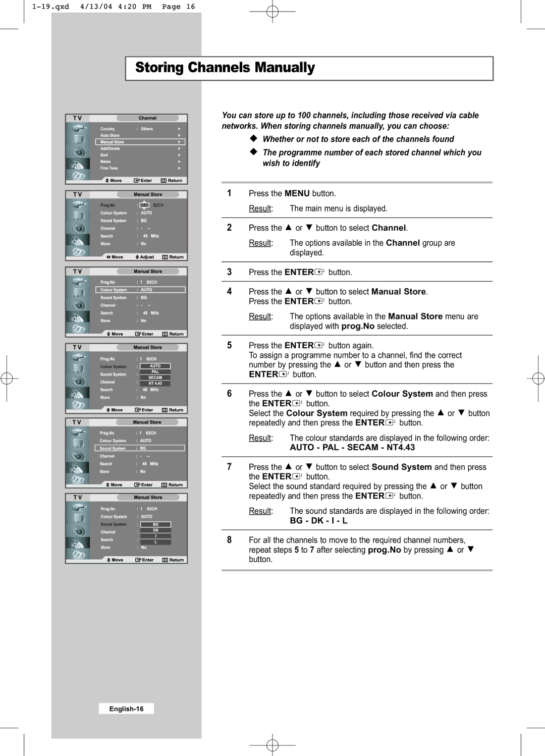 Samsung LW26A33W manual Storing Channels Manually, Enter, Bg Dk I L 