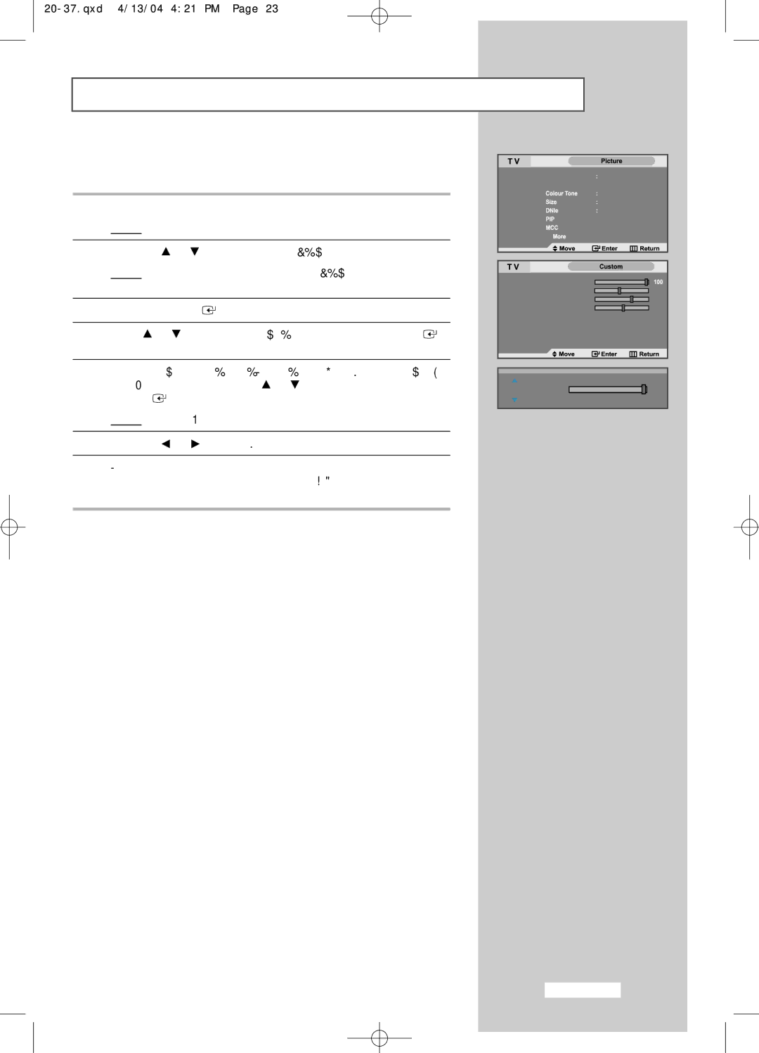 Samsung LW26A33W manual Adjusting the Custom Picture 