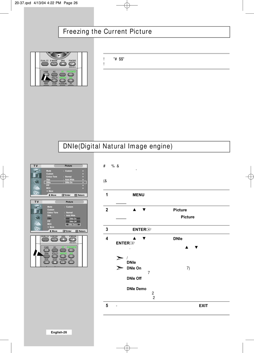 Samsung LW26A33W manual Freezing the Current Picture, DNIeDigital Natural Image engine, DNIe On DNIe Off DNIe Demo 