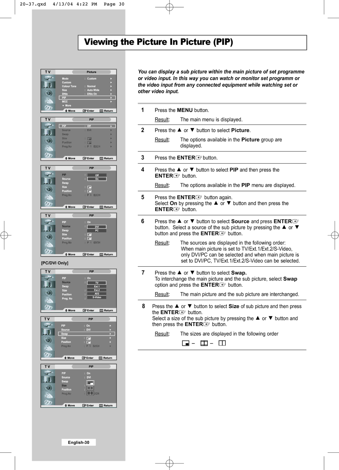 Samsung LW26A33W manual Viewing the Picture In Picture PIP, Enter 