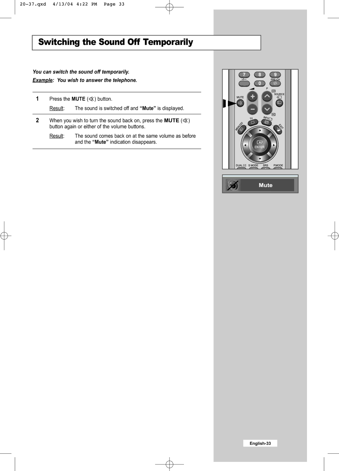 Samsung LW26A33W manual Switching the Sound Off Temporarily 