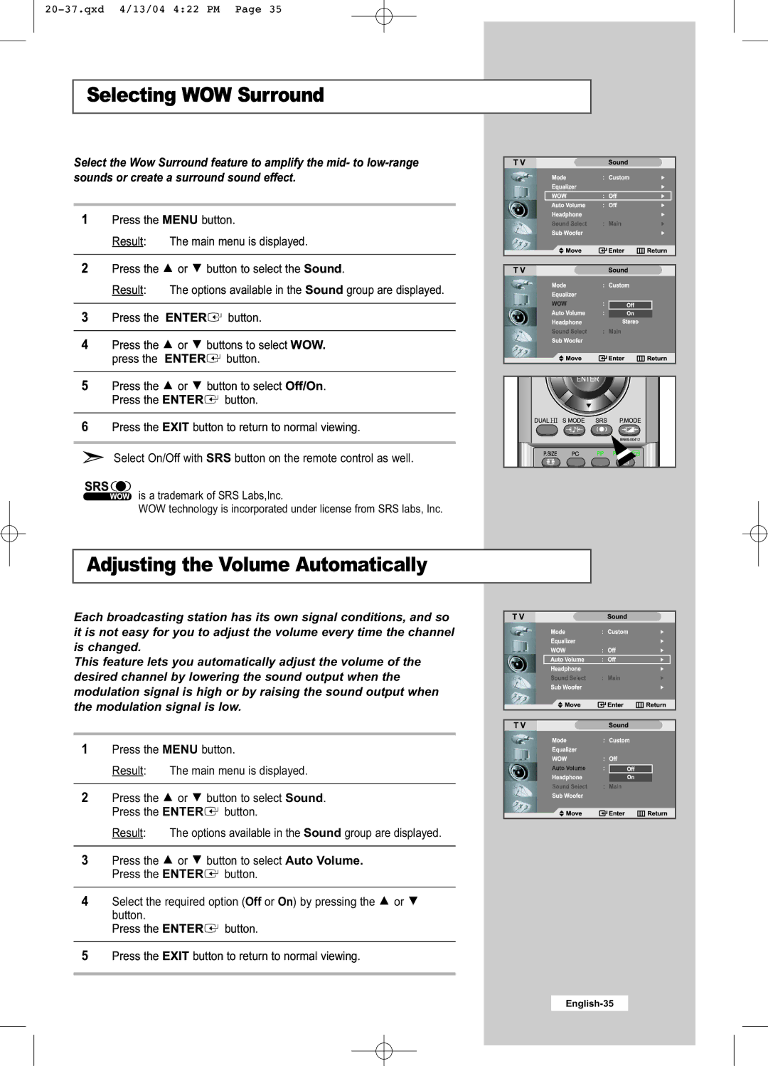 Samsung LW26A33W manual Selecting WOW Surround, Adjusting the Volume Automatically 