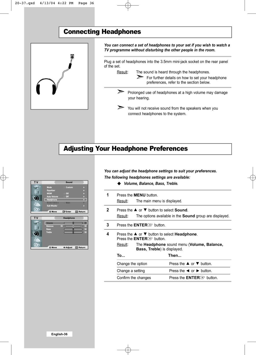 Samsung LW26A33W manual Connecting Headphones, Adjusting Your Headphone Preferences 