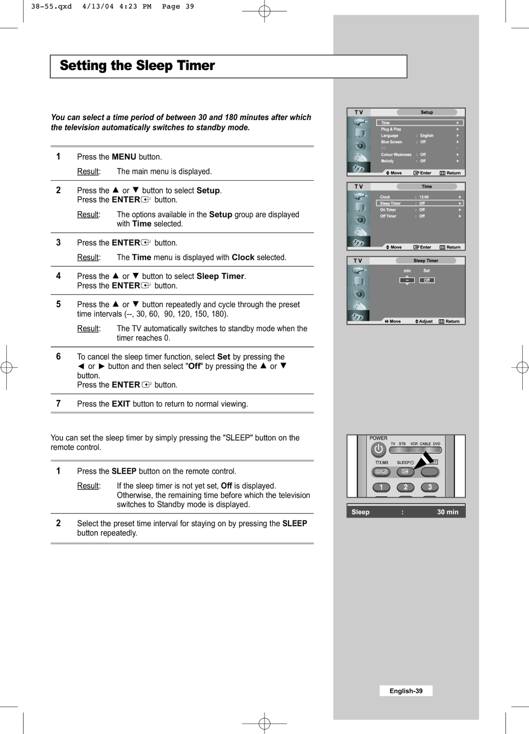 Samsung LW26A33W manual Setting the Sleep Timer 