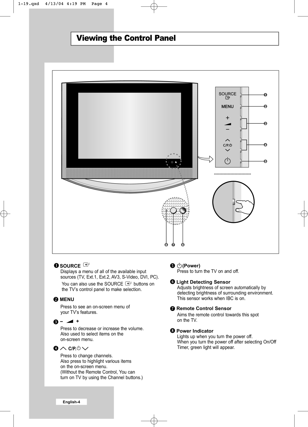 Samsung LW26A33W manual Viewing the Control Panel, Light Detecting Sensor, Remote Control Sensor, Power Indicator 