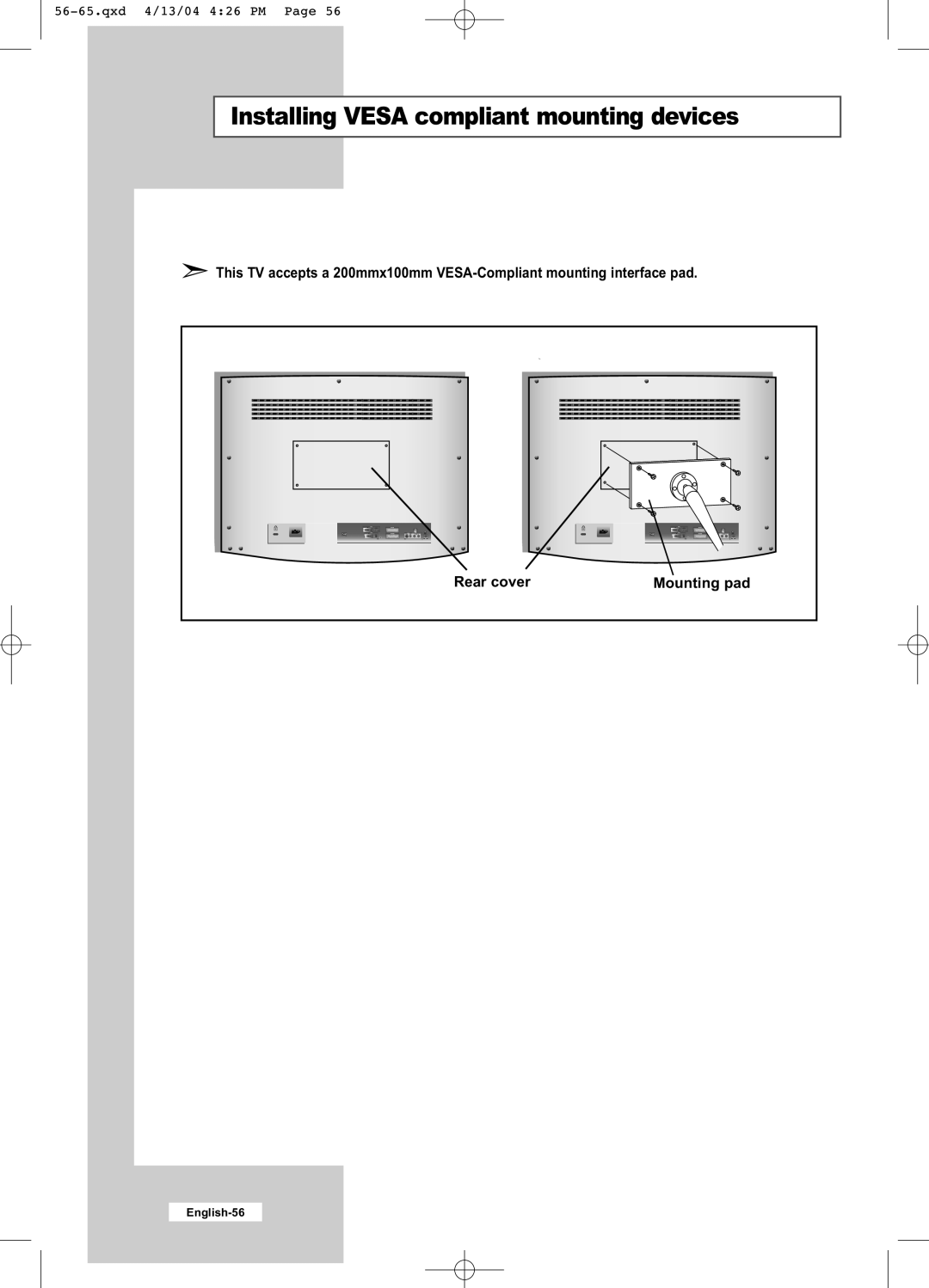 Samsung LW26A33W manual Installing Vesa compliant mounting devices 