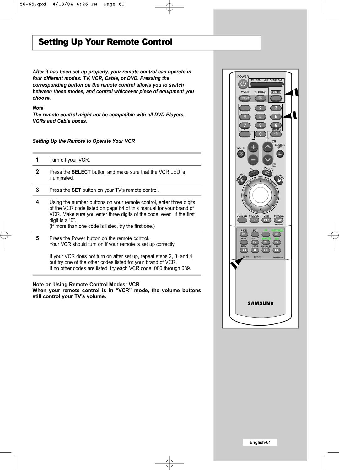 Samsung LW26A33W manual Setting Up Your Remote Control 