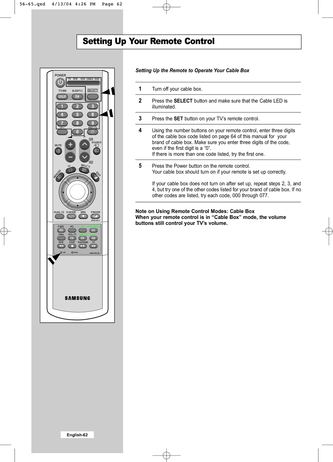 Samsung LW26A33W manual Setting Up the Remote to Operate Your Cable Box 