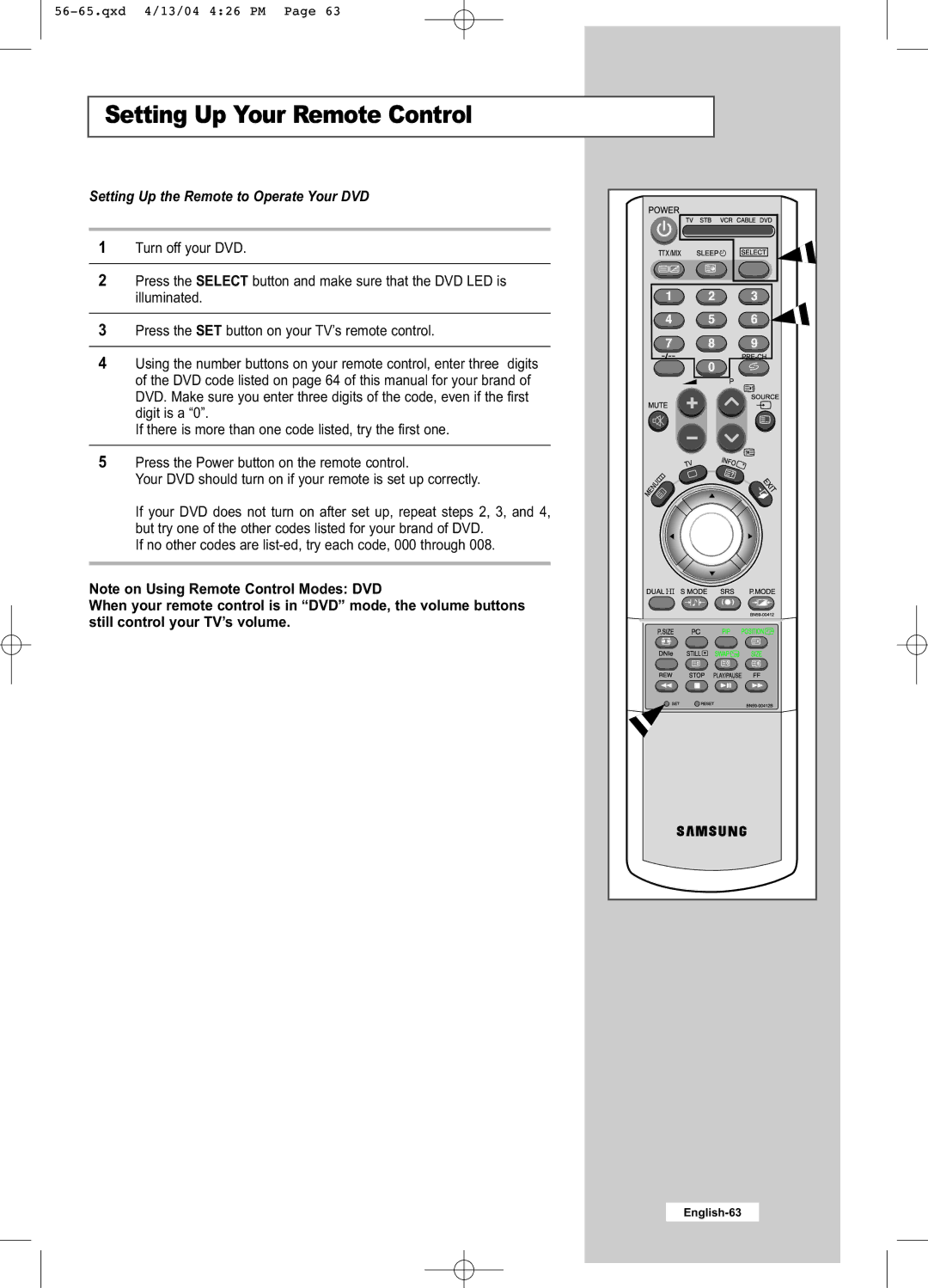 Samsung LW26A33W manual Setting Up the Remote to Operate Your DVD 