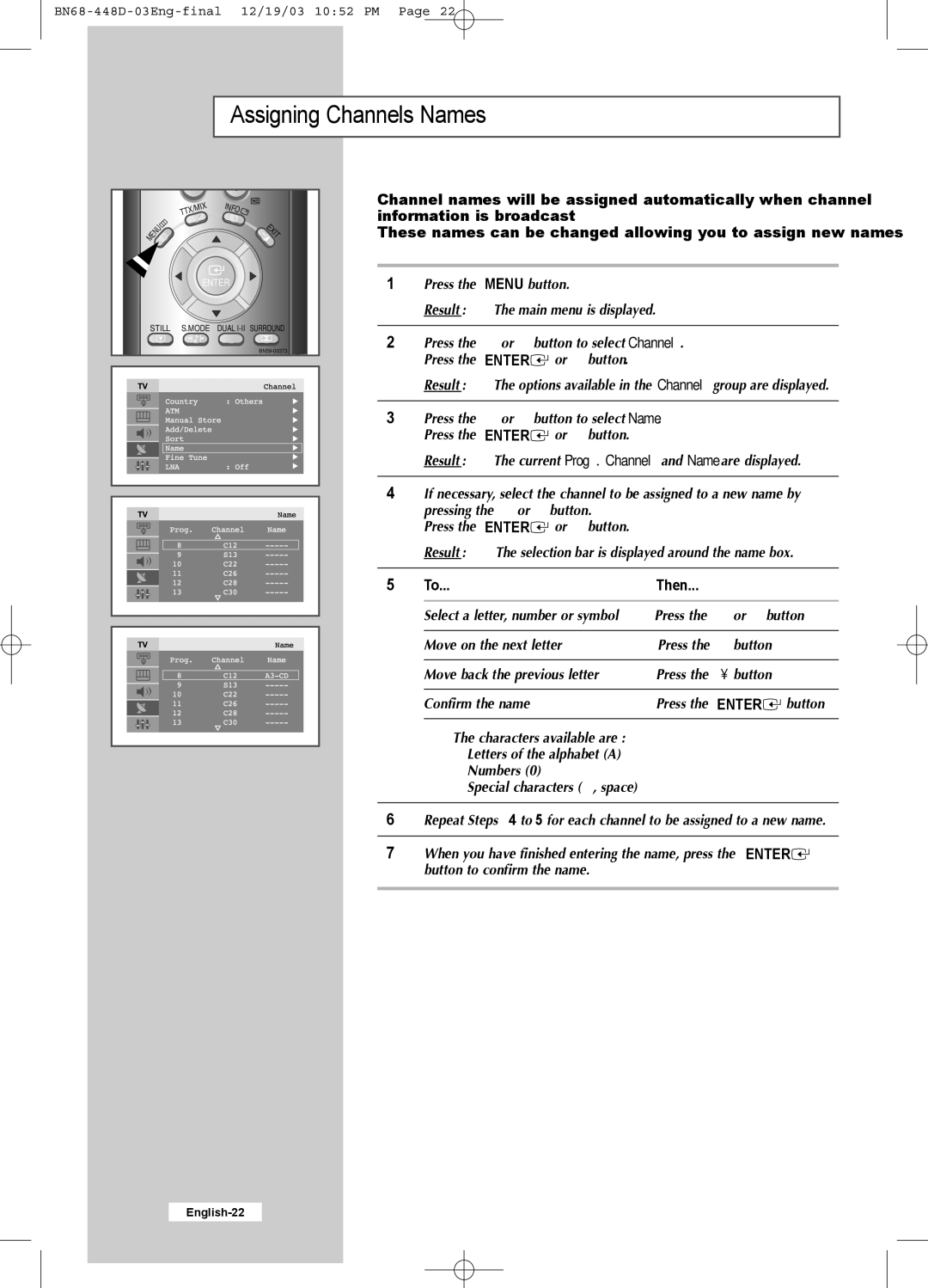 Samsung LW30A23W manual Assigning Channels Names, Then 