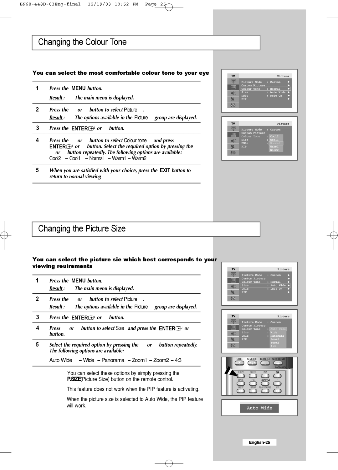 Samsung LW30A23W manual Changing the Colour Tone, Changing the Picture Size 