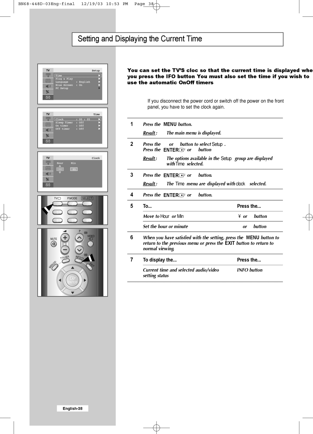 Samsung LW30A23W manual Setting and Displaying the Current Time, To display Press 