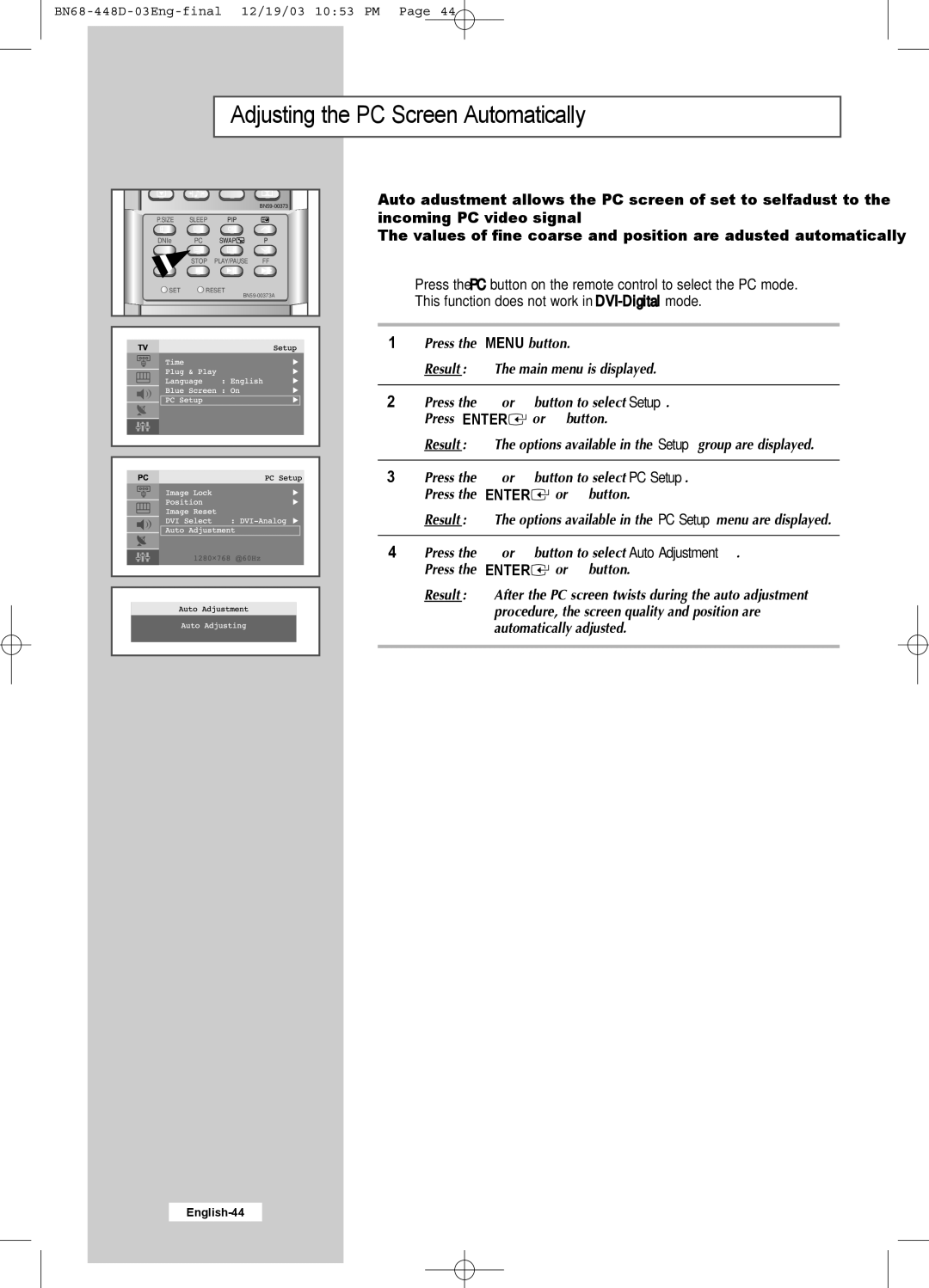 Samsung LW30A23W manual Adjusting the PC Screen Automatically 